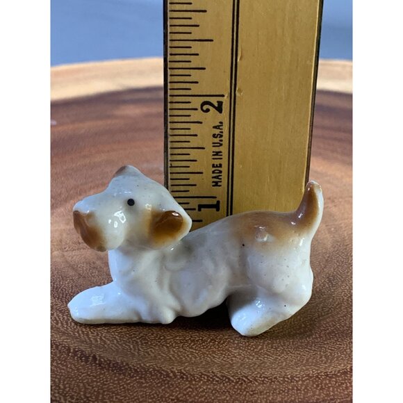 Vintage Miniature Porcelain Dog Figurine Handcrafted with Brown & White Glaze - Picture 6 of 8